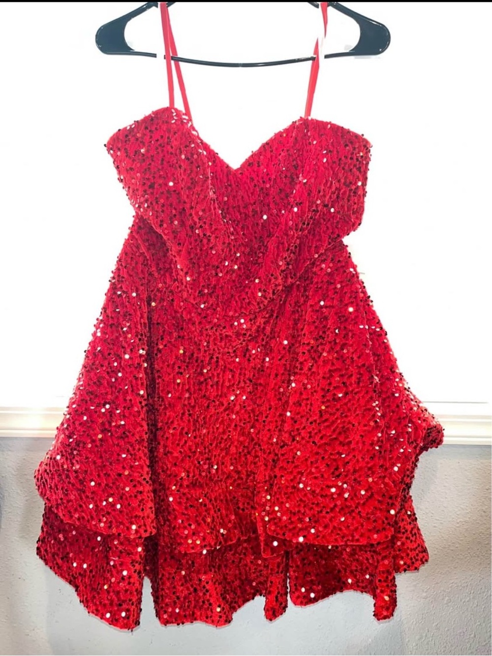 Red Sequin Spaghetti-Strap Prom Dress